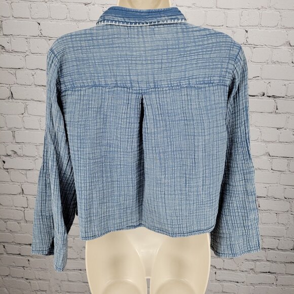 Natural Life Blue Lola Tie Button Down Cotton Roll Tab Sleeve Gauzy Muslin Large - Picture 2 of 11